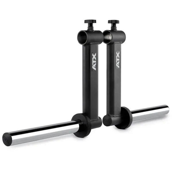 A pair of black and silver ATX weight plate holders with adjustable screws. The holders are designed for gym equipment, featuring cylindrical rods for holding weights, and vertical tubes with branded logos.