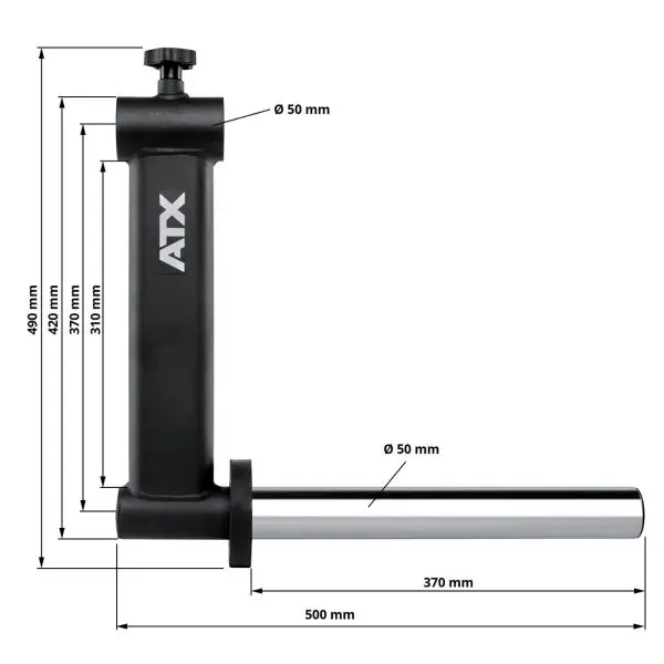 An adjustable black and silver metal bracket with dimensions, labeled ATX. The upright section is 310 mm with divisions totaling 490 mm, and the horizontal section is 500 mm with a 50 mm diameter.