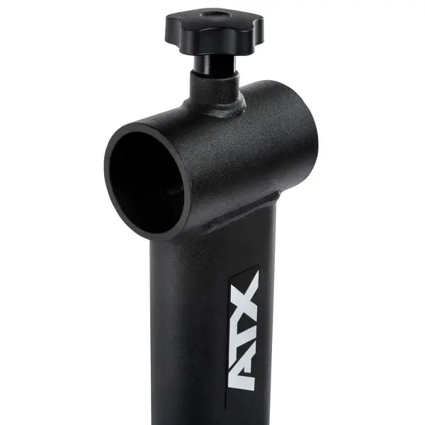 Close-up of a black metal ATX logo handle with a cylindrical opening at the top and a screw knob above it against a white background.