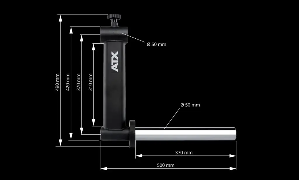 Diagram of an ATX branded metal device showing dimensions. It includes a vertical section (310-490 mm in height) and a horizontal section (500 mm in length). Both sections have a diameter of 50 mm.