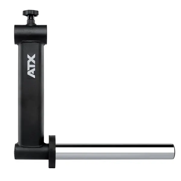 An L-shaped ATX landmine attachment with a black vertical post and a metallic horizontal sleeve for holding a barbell. The vertical part has an adjustable knob on top.