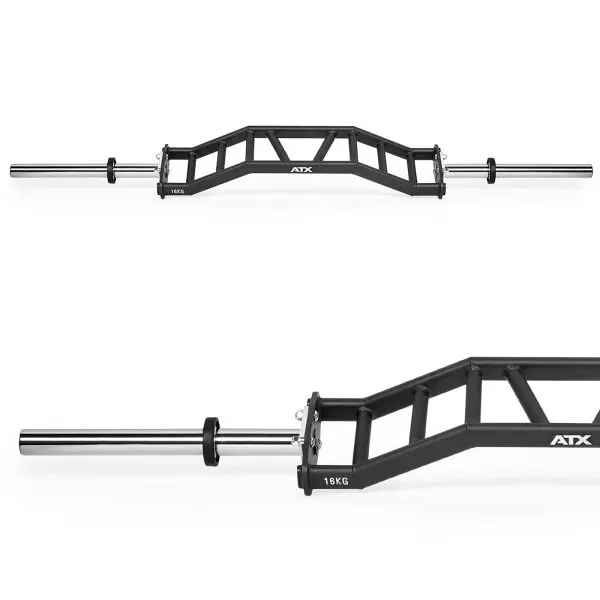 Two views of a metal hex trap bar for weightlifting, paired with a sleek cambered swiss bar. The black frame boasts silver handles and sleeves. The brand ATX is prominently displayed, and the weight 18KG is clearly marked on the frame.