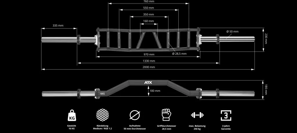 A detailed diagram of a cambered Swiss gym bar with measurements, showcasing top and side views. Key specifications include length, handle diameter, and weight capacity, alongside icons for weight, grip type, exercise application, and a warranty note.