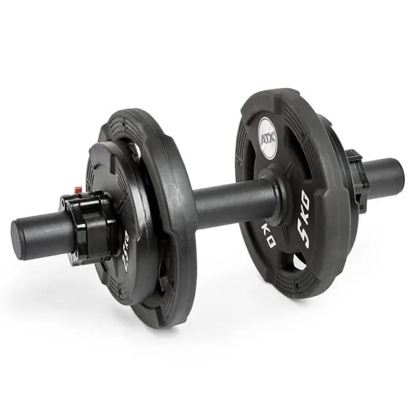 An ATX® Fat Grip Dumbbell, black and adjustable with multiple weight plates on each side and a secure locking mechanism, shows 5KG marked on a plate. It is positioned on a white background.