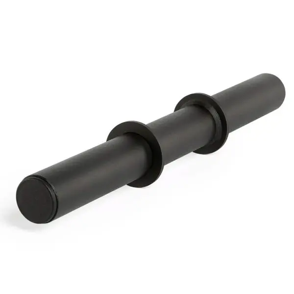 The ATX® Fat Grip Dumbbell is a black, cylindrical handle with two disk-shaped stoppers for attaching adjustable weights, ideal for strength training. It features a smooth, matte finish.