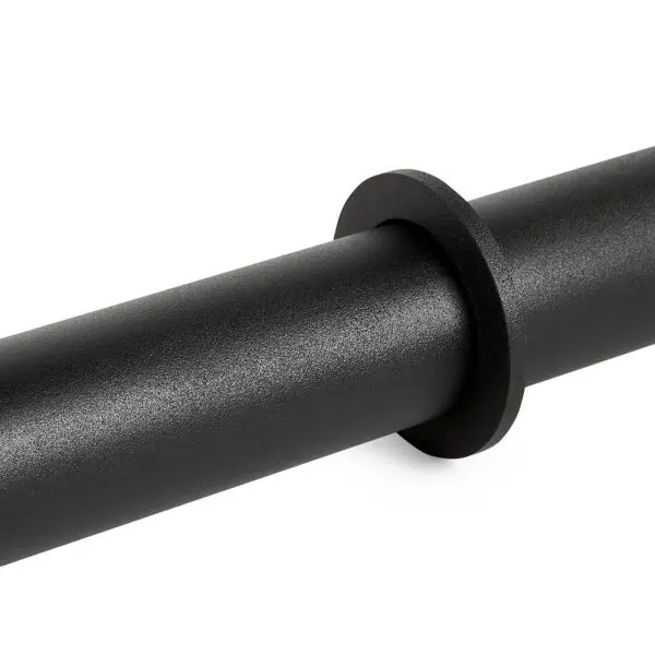 Close-up of the ATX® Fat Grip Dumbbell, showcasing its black textured metal surface. A circular ring adorns the bar, similar to a weightlifting sleeve, highlighting its smooth and durable finish.