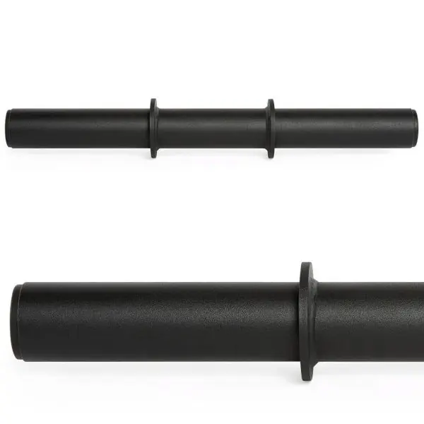 The ATX® Fat Grip Dumbbell is a black cylindrical metal bar with a textured surface and distinct circular collars along its length, shown from two angles. It is likely used as gym equipment or fitness gear.