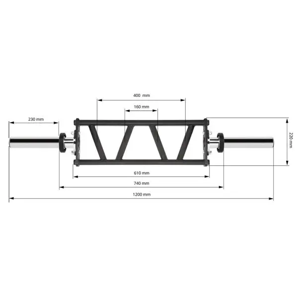 A hex barbell with handles, depicted in a diagram with labeled measurements: 610 mm, 740 mm, 1200 mm in total length; 160 mm and 400 mm sections, 230 mm handle length, 270 mm height.