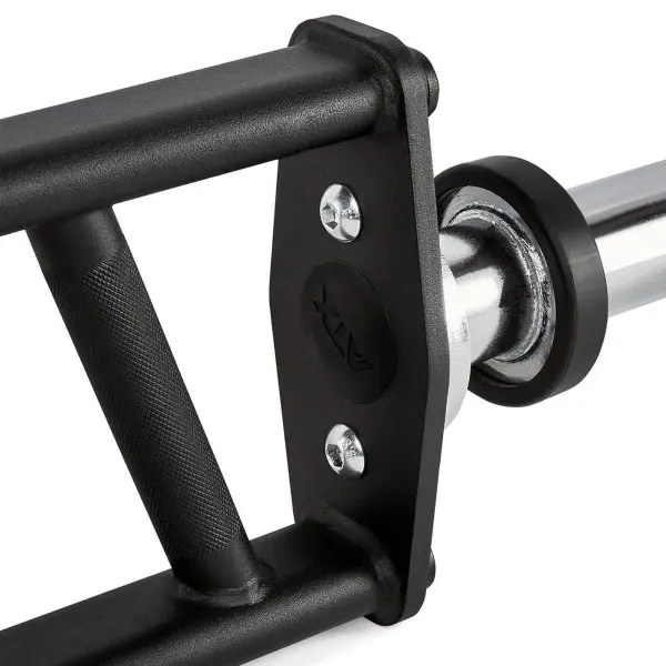 Close-up of a black and silver hex barbell with a knurled grip. The bars end cap is visible with bolts securing the handle.