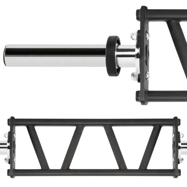 A black and silver hex barbell with a hexagonal grip frame and cylindrical handles at each end, designed for weightlifting. The frame is solid and sturdy, suitable for exercises like deadlifts and squats.