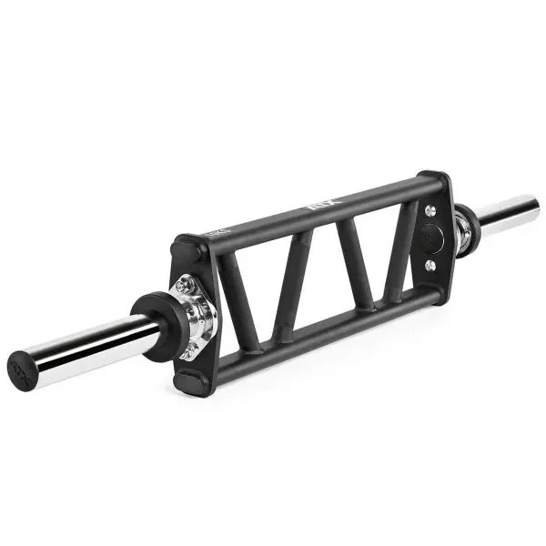 A black multi-grip barbell with silver sleeves featuring several handles for different grip positions. The bar has a rectangular frame with a rugged design, suitable for various strength training exercises.