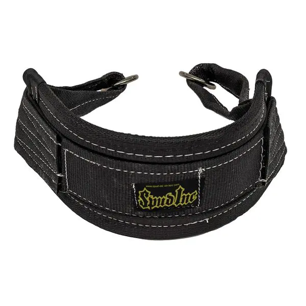 The Spud Inc Belt Squat Belt MEDIUM is a black padded belt with reinforced stitching and a metal buckle, featuring a front yellow and black logo patch.