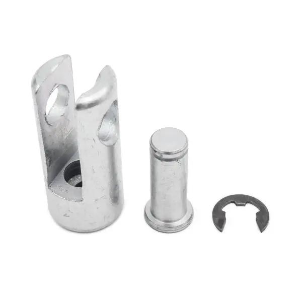 A Gym Cable 360 degree Swivel End with a metal clevis bracket, cylindrical pin, and C-shaped retaining clip shown on a white background.