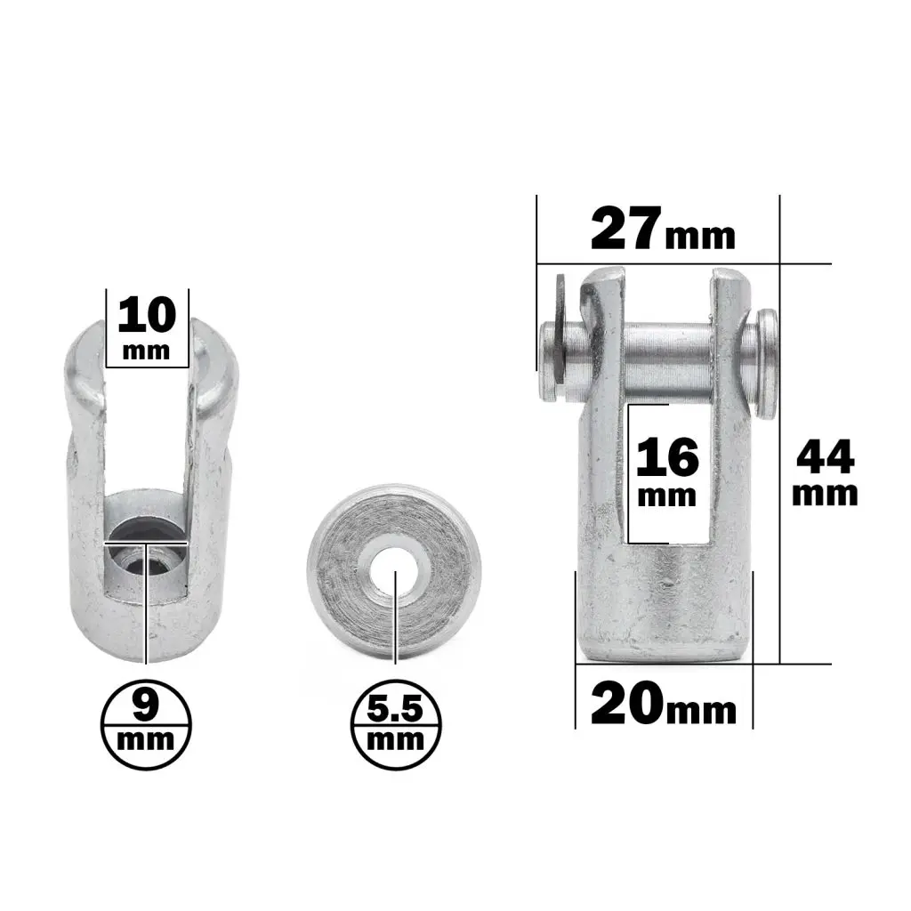 The Gym Cable 360 degree Swivel End features a metal clevis and pin with a 44mm height, 20mm width, and 16mm fork width. It includes a 10mm opened hole and a pin with a 9mm diameter and a 5.5mm hole.