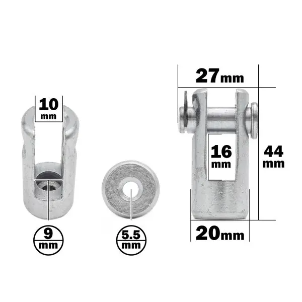The Gym Cable 360 degree Swivel End features a metal clevis and pin with a 44mm height, 20mm width, and 16mm fork width. It includes a 10mm opened hole and a pin with a 9mm diameter and a 5.5mm hole.