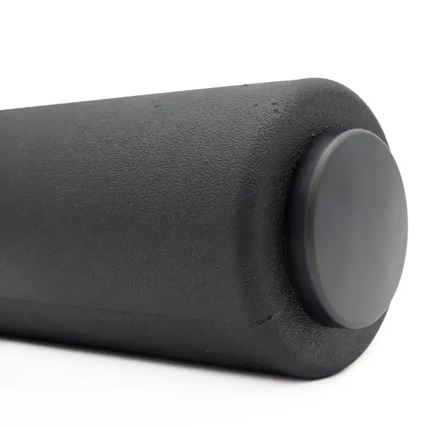 A close-up shows the Foam Roller Cover 65mm, a black textured cylindrical shape with a flat end for fitness and physical therapy. Set against a plain white background to highlight its details.
