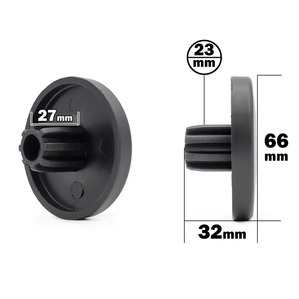 A black plastic round leveling foot features a ribbed center column with dimensions of 23mm external diameter (top view), 27mm internal diameter (bottom view), 32mm overall diameter, and a height of 66mm. It is not to be confused with the Foam Roller Cover, which is 65mm.