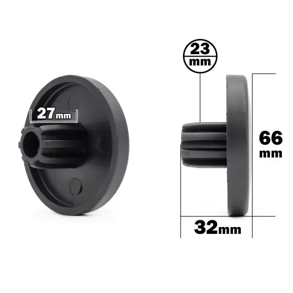 A black plastic round leveling foot features a ribbed center column with dimensions of 23mm external diameter (top view), 27mm internal diameter (bottom view), 32mm overall diameter, and a height of 66mm. It is not to be confused with the Foam Roller Cover, which is 65mm.