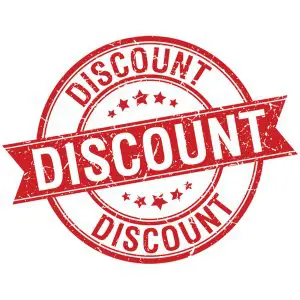 Red circular stamp with the word DISCOUNT in bold white letters. Surrounding the text are stars and the word DISCOUNT appearing twice along the edge. The design has a distressed, vintage look.