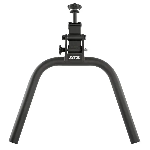 A black adjustable stand with a U-shaped base and a central support featuring a knob for tightening. The letters ATX are printed on the frame. The stand is designed for stability and versatility in supporting equipment.