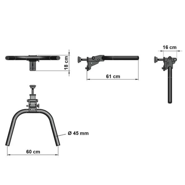 Diagram of a metal handlebar assembly with dimensions labeled. The main bar is 61 cm long and 18 cm wide, with a 45 mm diameter. Side view shows an attached bracket, also 16 cm in height. The full assembly width is shown as 60 cm.