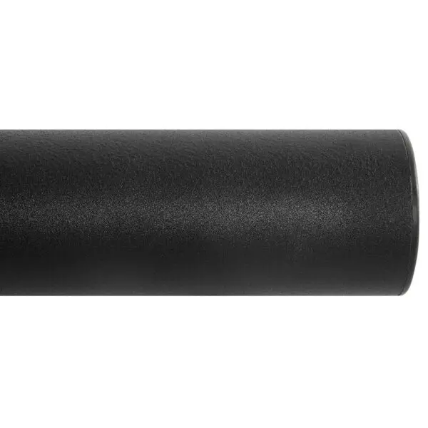 Close-up of a black cylindrical object on a white background. The texture appears smooth and slightly matte. The cylinder is cut off, showing only part of its length, with its end on the right side of the image.