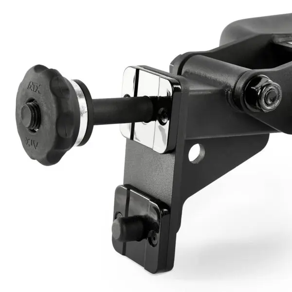 Close-up of a black, wall-mounted TV or monitor bracket with adjustable arm. The design includes a knob for tightening and two mounting plates, one with a screw hole. The metal surface has a matte finish.