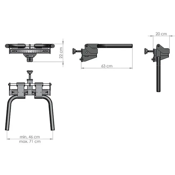 Diagram of a fitness equipment part, featuring three different views with dimensions. The front view shows a bar with grips, the side view displays a 63 cm length, and the top view highlights adjustable width from 46 cm to 71 cm.