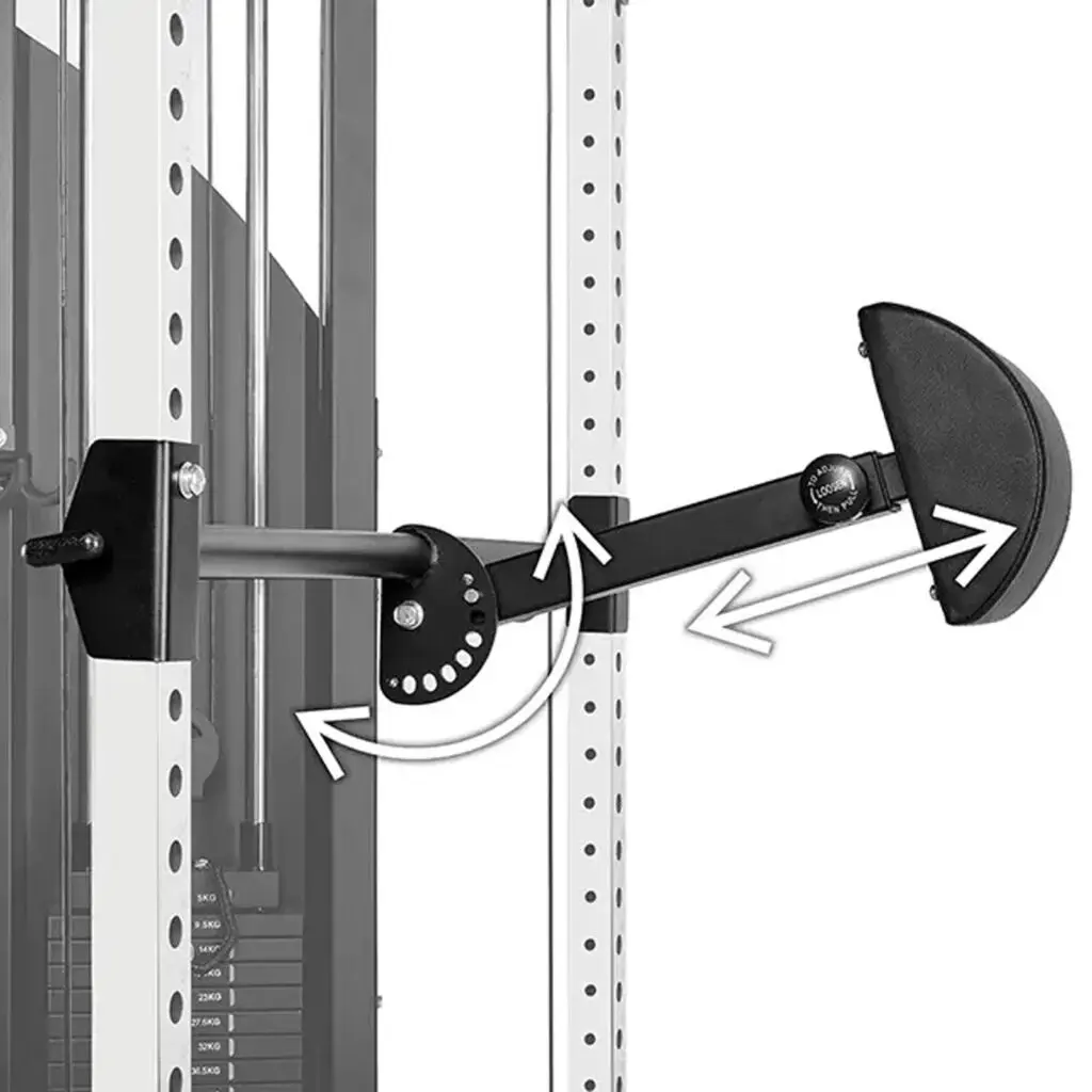 Adjustable arm pad with a support bar attached to a workout machine, featuring white arrows indicating movement directions. The equipment is designed for upper body exercises, with circular holes for customizable settings.