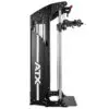 A black and silver ATX cable machine with adjustable pulleys and handles, designed for strength training. It has a sleek design with multiple weight stacks and a platform for standing exercises.