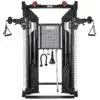 A black ATX functional trainer with dual adjustable pulleys, weight stacks, and multiple attachments including handles, ropes, and a straight bar. The machine is designed for versatile strength training exercises.