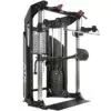 A multi-functional gym machine featuring a cable system with adjustable pulleys, weight stacks, and a chin-up bar. The equipment is black and silver with attachments for various strength training exercises.