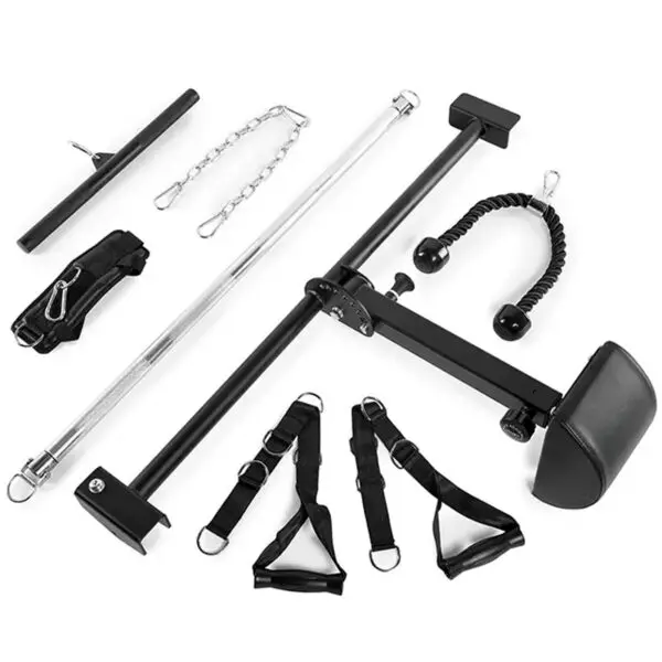 A set of home gym attachments and accessories, including a tricep rope, a straight bar, a V-shaped angled bar, two handles with straps, an ankle strap, and a chain link. They are arranged on a white background.