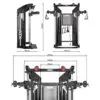 A multi-functional gym machine with adjustable pulleys and cables, featuring measurements for height and width. The black structure includes handles, weight stacks, and a central console, designed for various strength training exercises.