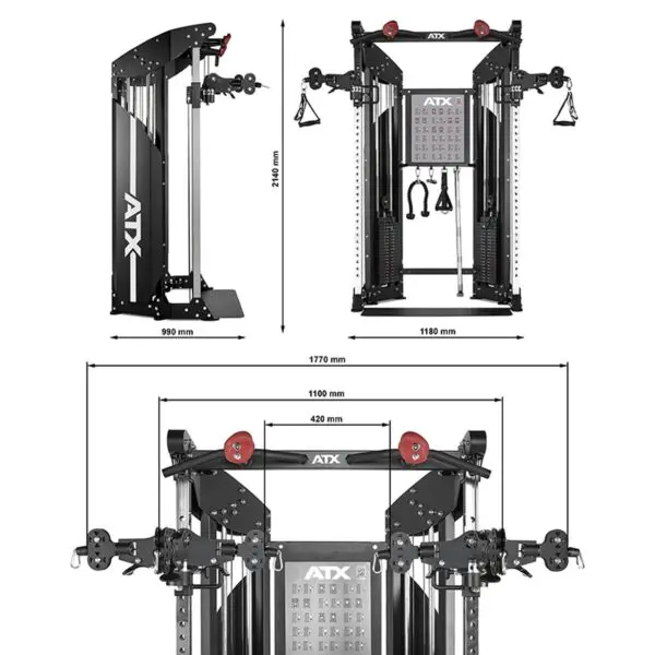 A multi-functional gym machine with adjustable pulleys and cables, featuring measurements for height and width. The black structure includes handles, weight stacks, and a central console, designed for various strength training exercises.