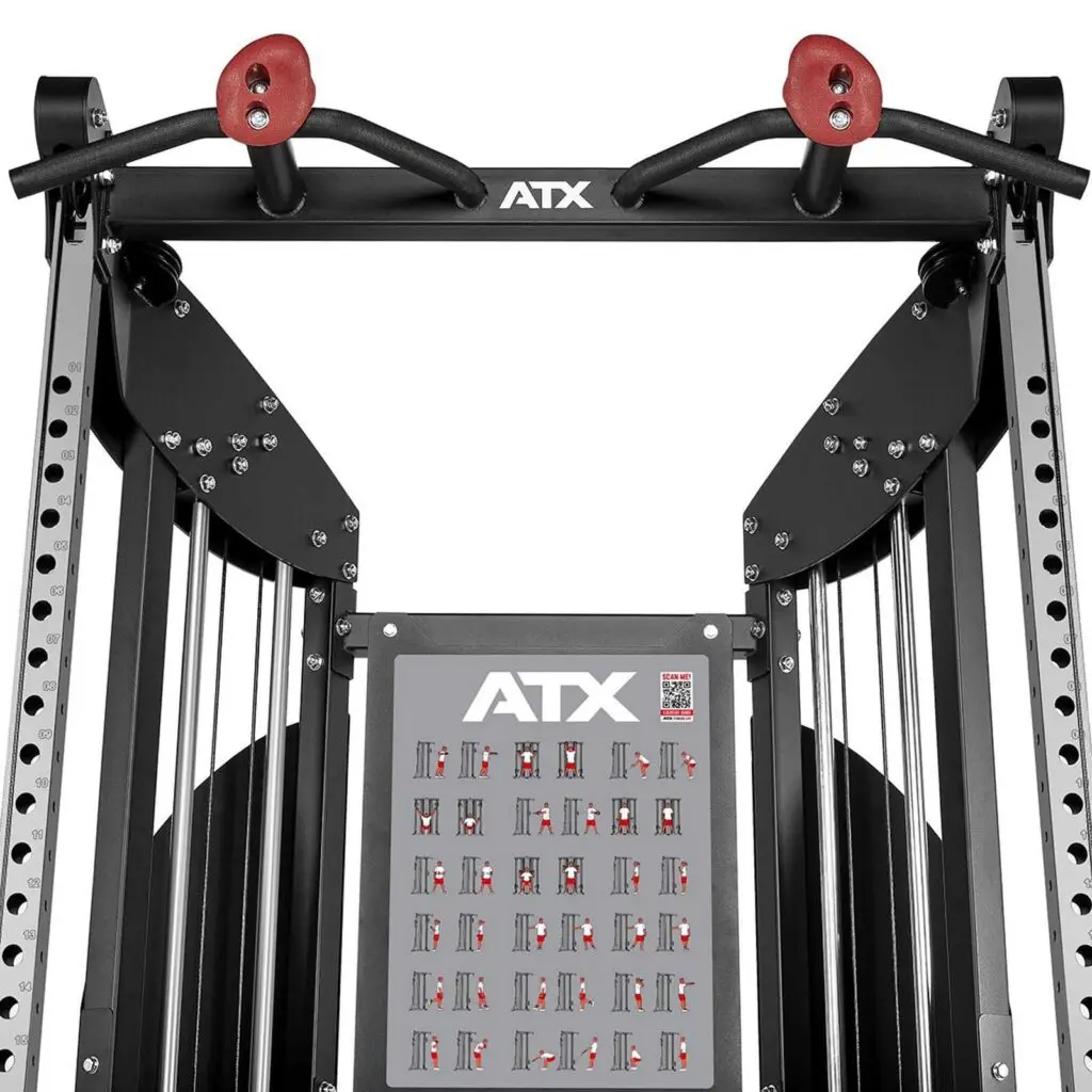 Close-up of a gym equipment structure with pull-up bars and handles. The machine has adjustable weights and an ATX logo, and features a chart illustrating different exercises.