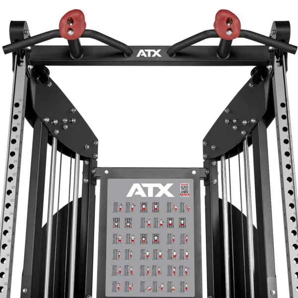 Close-up of a gym equipment structure with pull-up bars and handles. The machine has adjustable weights and an ATX logo, and features a chart illustrating different exercises.