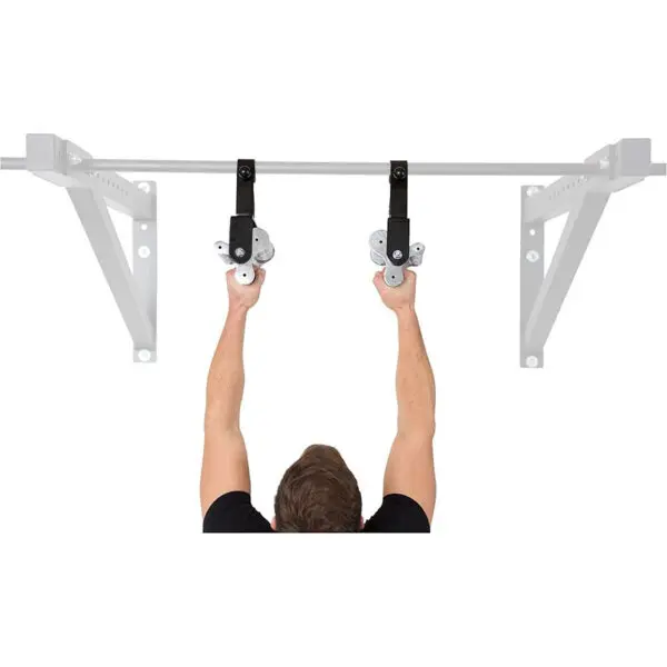 An individual uses the 3 Grip Chin Up Handle, attached to a wall-mounted structure. The image showcases their arms and the equipment from a rear view.
