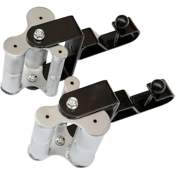 These squat rack J-hook attachments feature black U-shaped brackets, knurled silver grips, and secure cylindrical holders with bolts. Theyre perfect for weight lifting equipment. Pair them with the 3 Grip Chin Up Handle to enhance your workout experience.