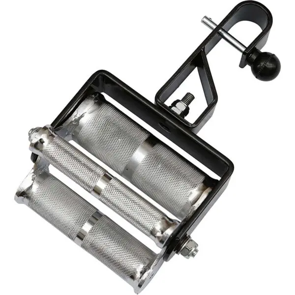 A metal pasta maker with three textured cylindrical rollers for dough processing, featuring a sturdy black clamp for secure table attachment, provides stability reminiscent of the 3 Grip Chin Up Handle, ensuring perfectly rolled dough every time.