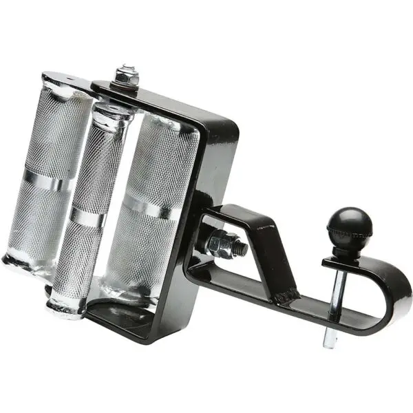 Close-up of a black metal line spooler with two aluminum cylinders for holding spools, similar to the 3 Grip Chin Up Handle. It includes an adjustable table clamp and a side tension knob.