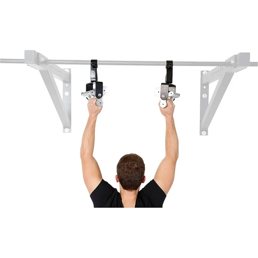 Clad in a black shirt, a person demonstrates strength by using 3 Grip Chin Up Handles that glide smoothly on a ceiling-mounted pull-up bar supported by strong metal brackets.