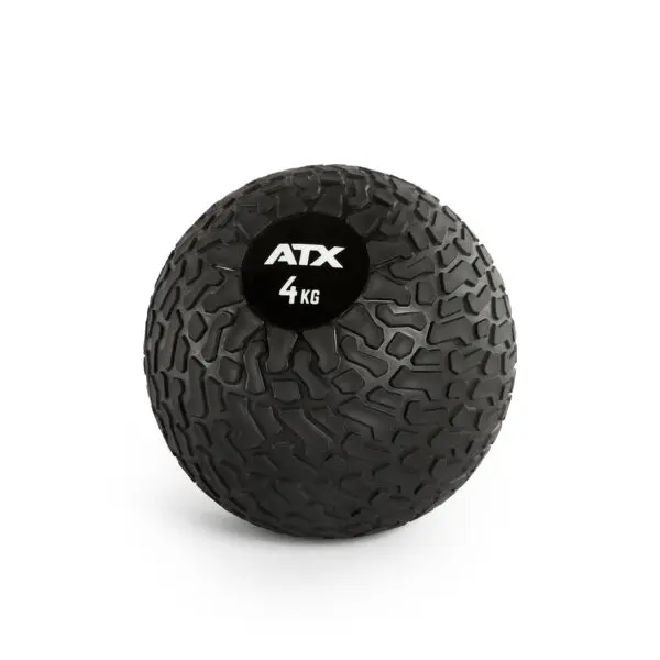 A black 4 kg ATX® Slam Ball, featuring a textured rubber surface for exercise and strength training, displayed on a plain white background.