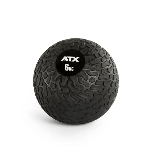 An ATX® Slam Ball in black, weighing 6 kg with a textured surface, is depicted against a plain white background.