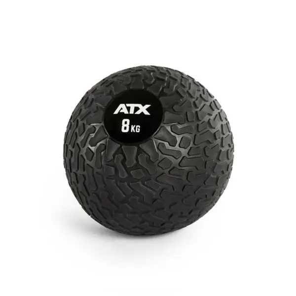 A textured black ATX® Slam Ball, labeled ATX 8 KG, designed for fitness and weight training, set against a plain white background.