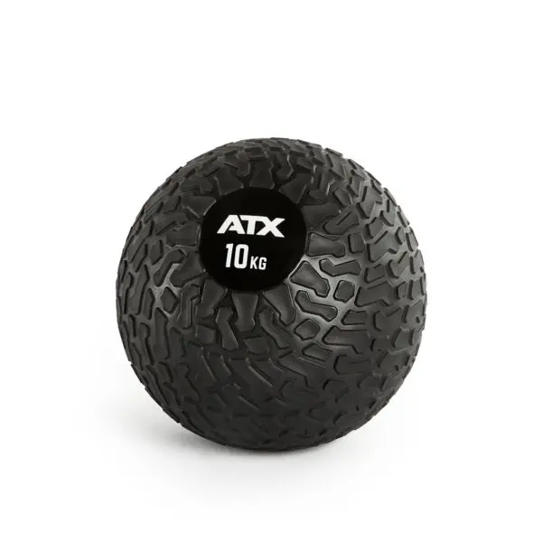 A textured ATX® Slam Ball, black with a center label showing 10 kg, rests on a white background.