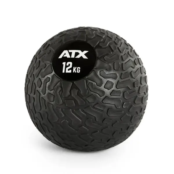 A black ATX 12 KG slam ball with a rugged, tire-like textured surface, ideal for fitness and strength training exercises.