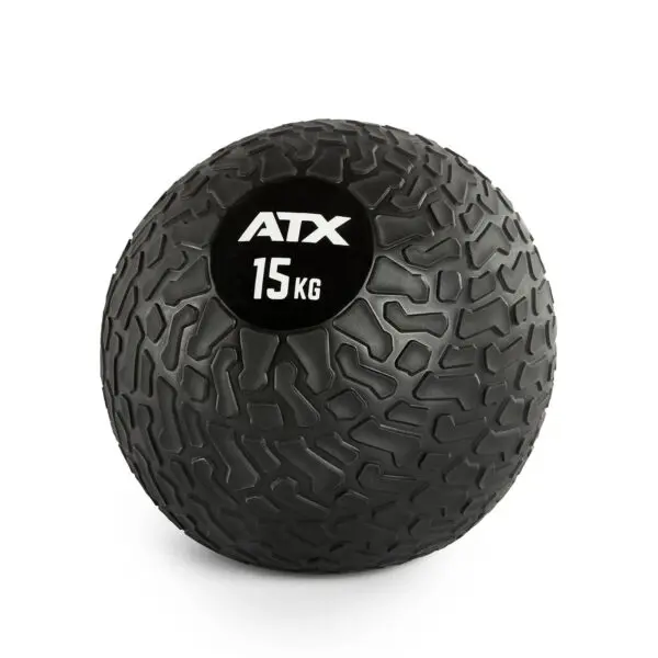 A black ATX® Slam Ball labeled 15 KG, featuring a textured surface for exercise and strength training, is placed against a white background.