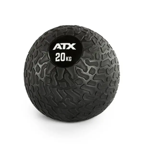 A black, textured exercise ball with ATX® Slam Ball 20 KG labeled on the surface.