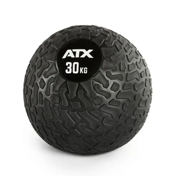 A black ATX® Slam Ball weighing 30 kg, featuring a textured tire-like surface, is placed against a white background with ATX and the weight printed in white on the front.